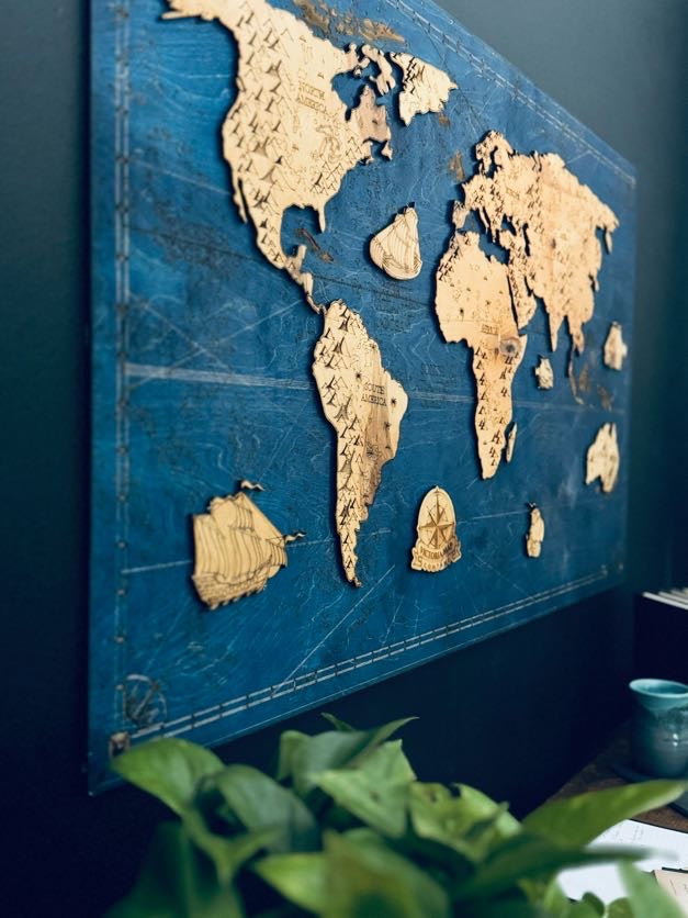 Fenrir Woodworks Vintage Wooden World Map Wall Decor